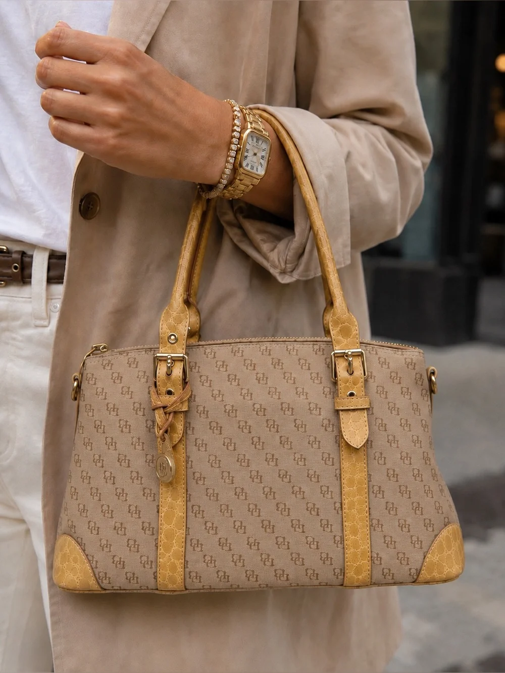 DOONEY & BOURKE Vintage Tan Signature Jacquard Croc Leather Trim Satchel Bag